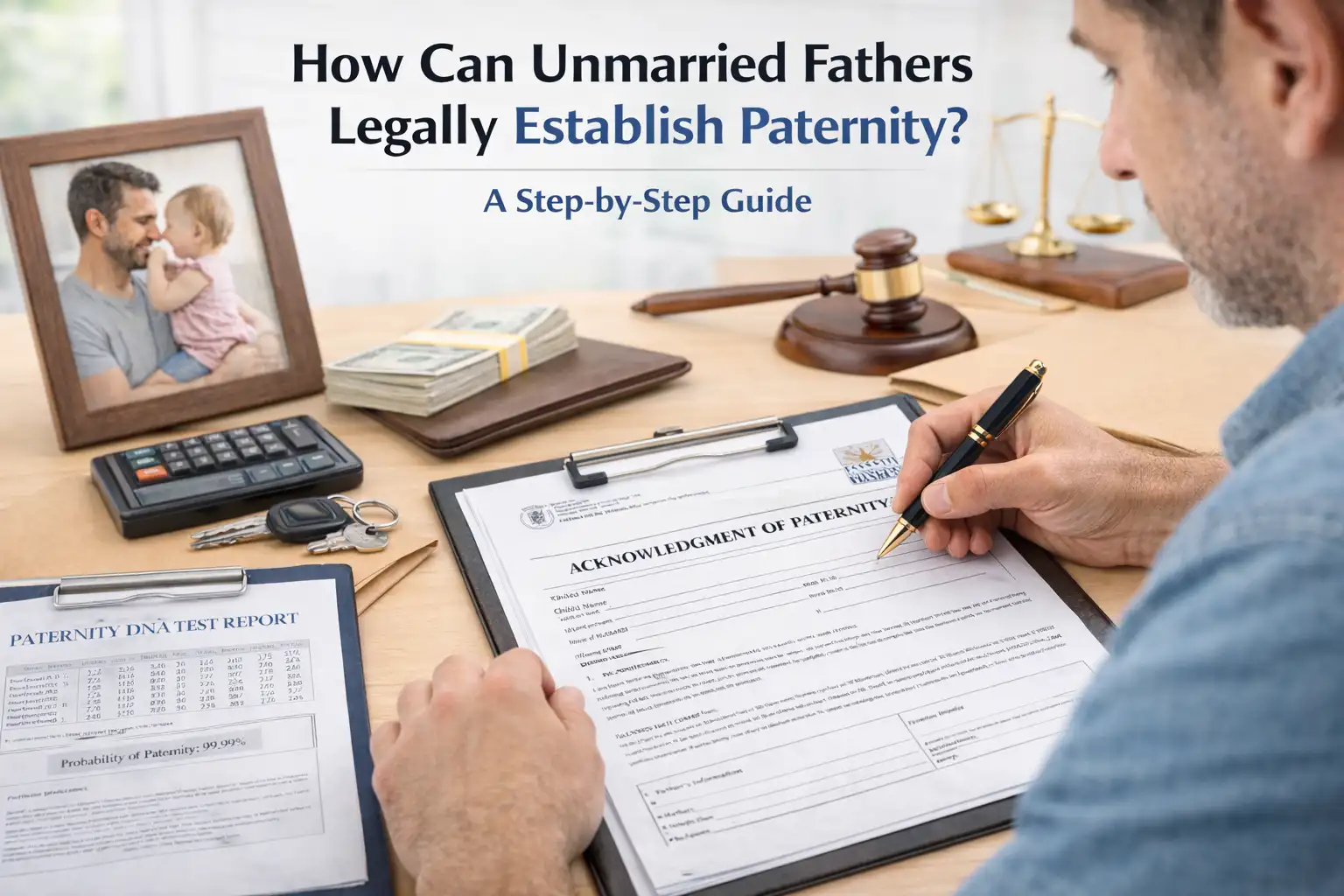 Overhead view of an unmarried father sitting at a light wood desk, filling out an “Acknowledgment of Paternity” form on a clipboard, with a paternity DNA test report, car keys, calculator, cash, a framed photo of him holding his daughter, and small legal symbols like a gavel and scales of justice in the background, illustrating the legal process of establishing paternity.
