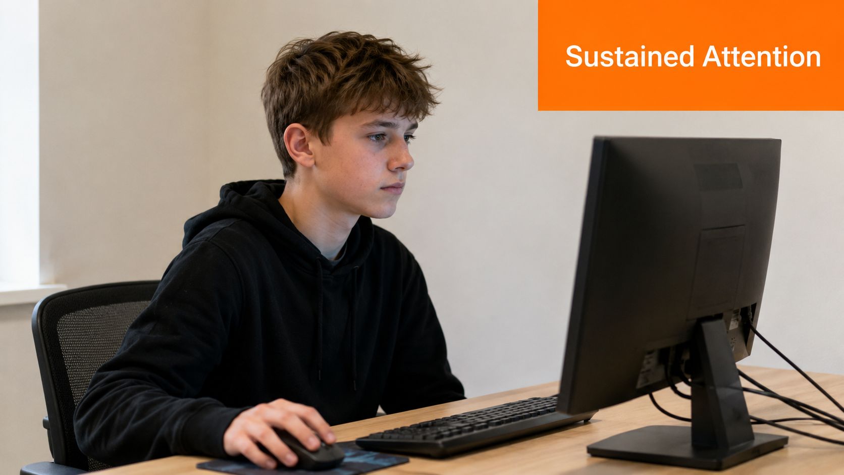 A focused young man wearing a black hoodie sitting at a desk and working on a computer.