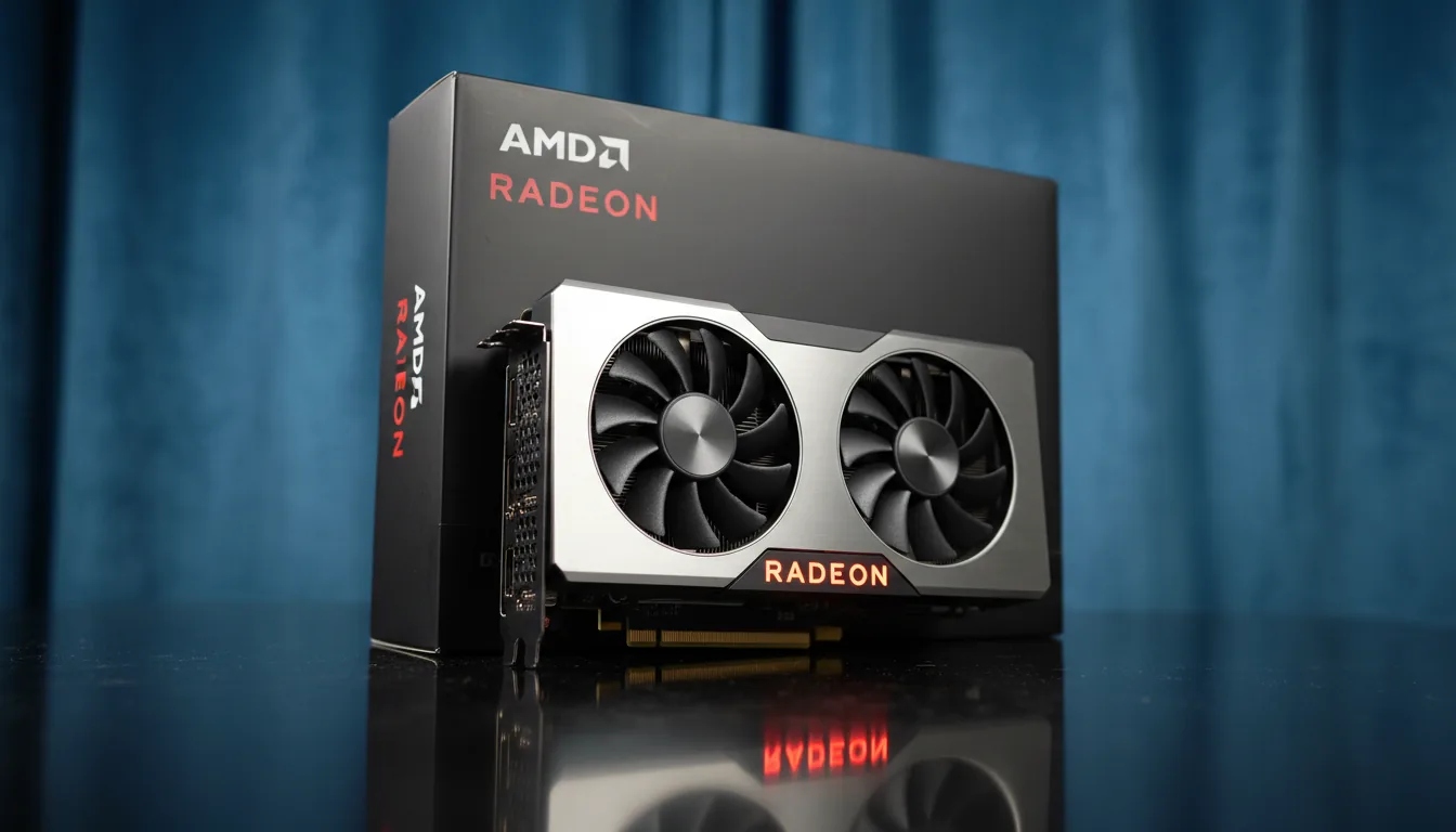 DSLR product photography of a modern AMD Radeon graphics card resting against its black retail box. The scene is set on a dark, reflective surface with a textured blue curtain in the soft-focus background. The GPU features a silver and black metallic shroud, two prominent cooling fans, and red accent text. Crisp, soft studio lighting highlights the hardware's details, creating a shallow depth of field with the main subject in sharp focus.
