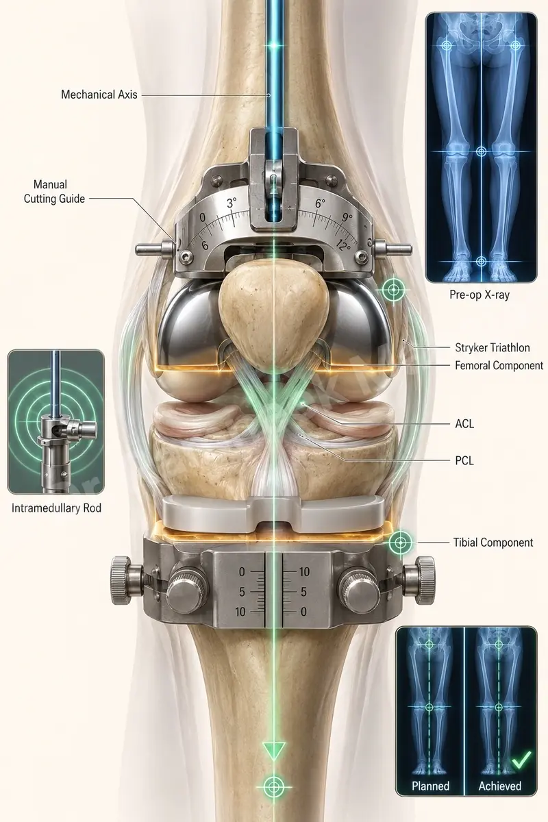 Conventional manual jig-and-rod knee replacement setup - the technique robotic knee replacement is designed to improve on.