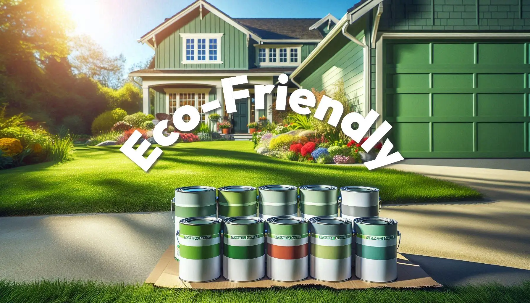 An image of ten paint cans witht he word eco-friendly displayed in an arc above the paint cans in front of a green residential home with a well cared for lawn.