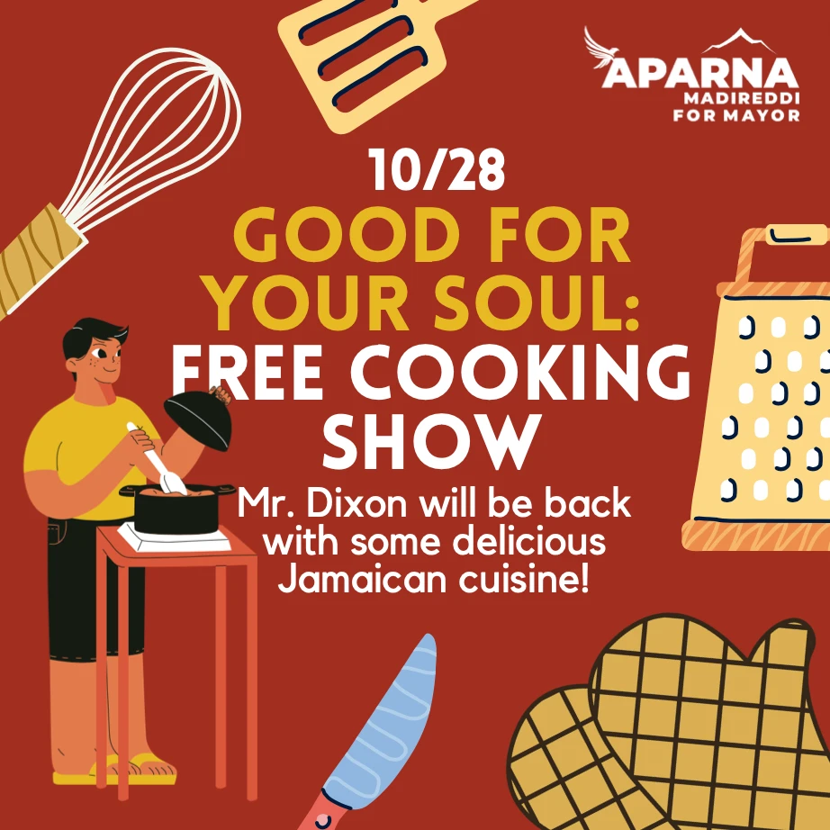 A red graphic with cartoons for the Good For Your Soul Cooking Show