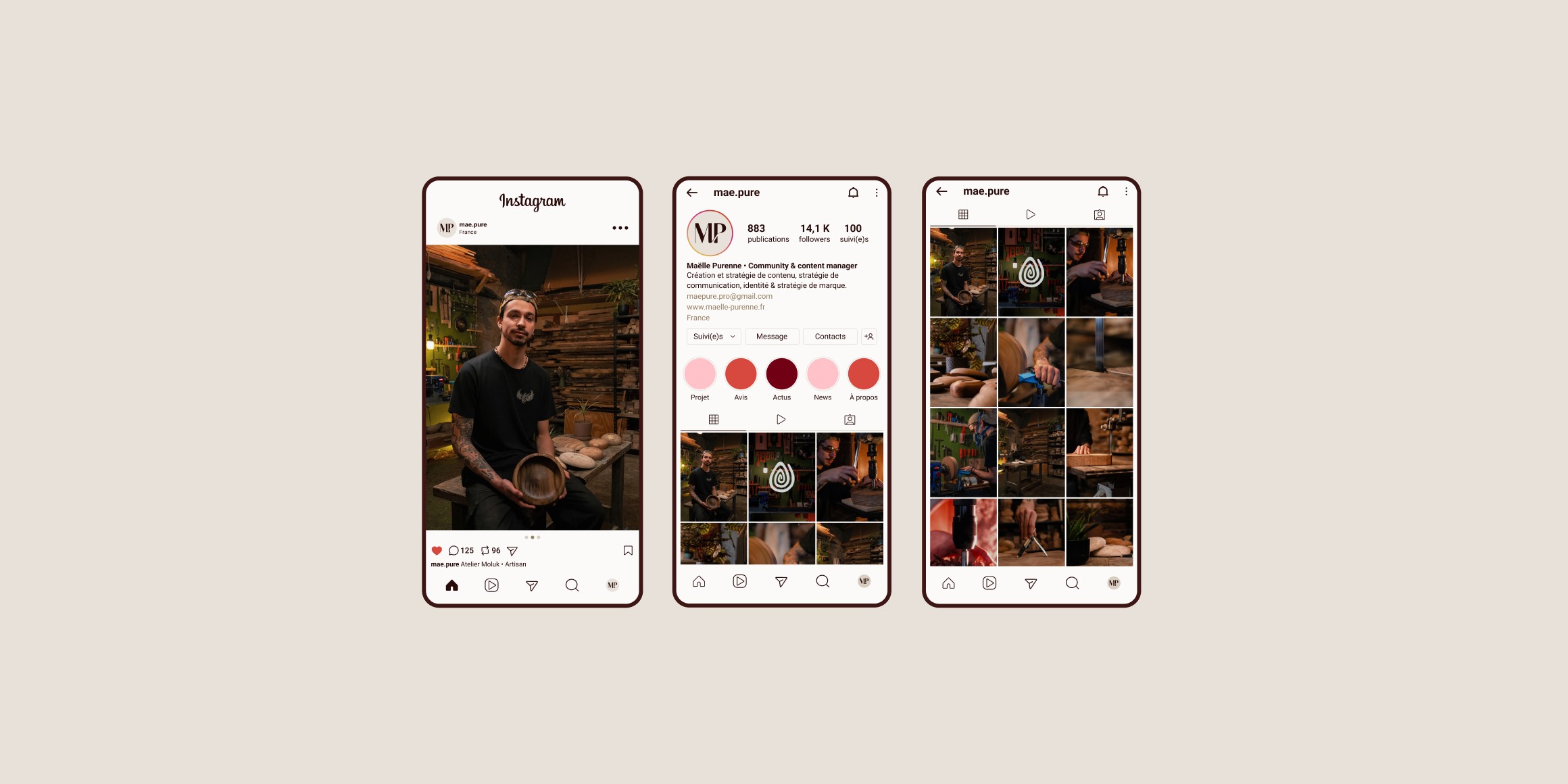 Exemple de feed instagram avec des photos pour le projet. 1er écran : publication avec une photo de Mathis dans son atelier. Il fait de l’artisanat d’art - bois . 2è et 3è écran : aperçu du grid/galerie instagram.