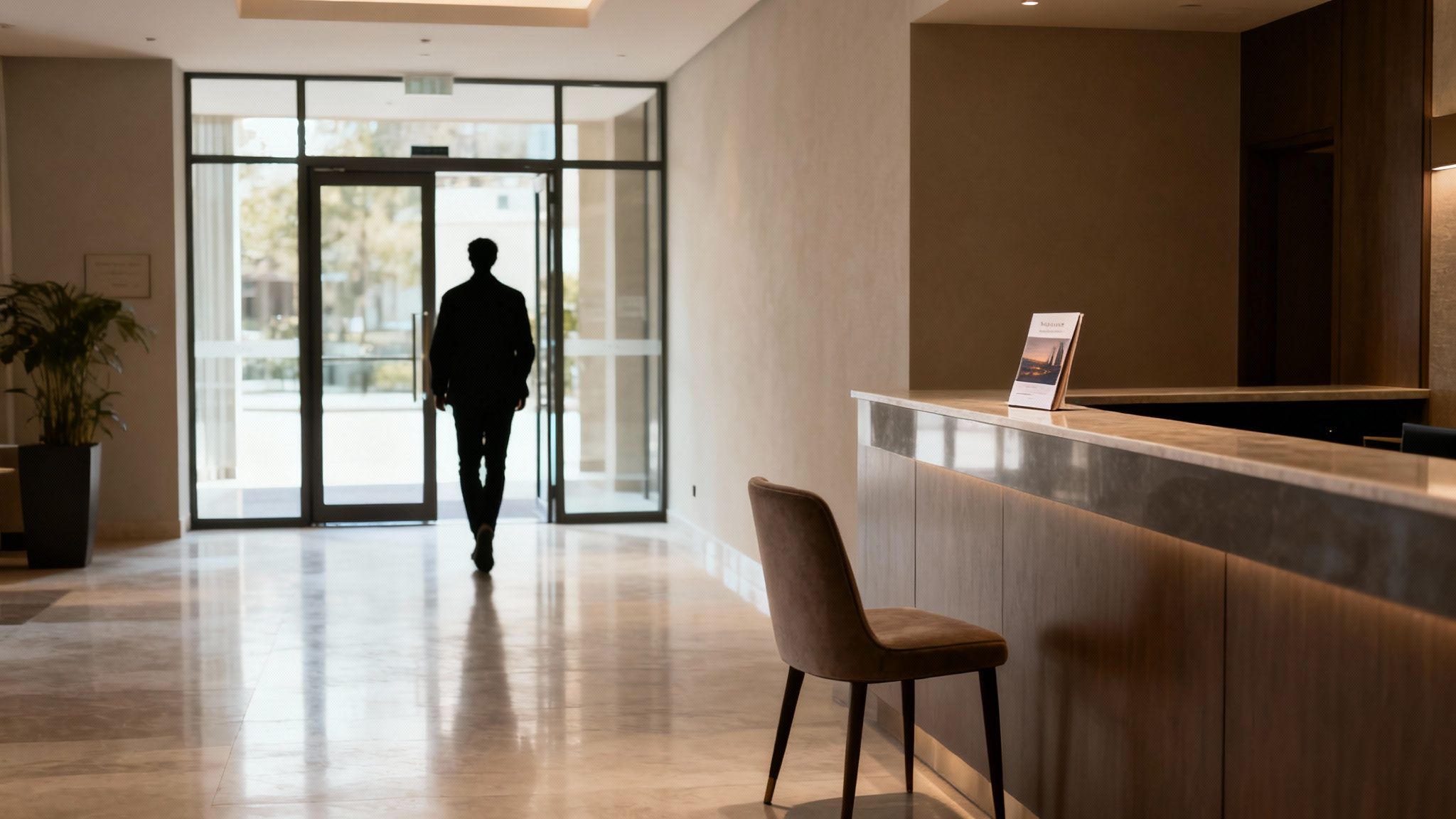 A man walks towards glass doors in a modern hotel lobby with a reception desk.