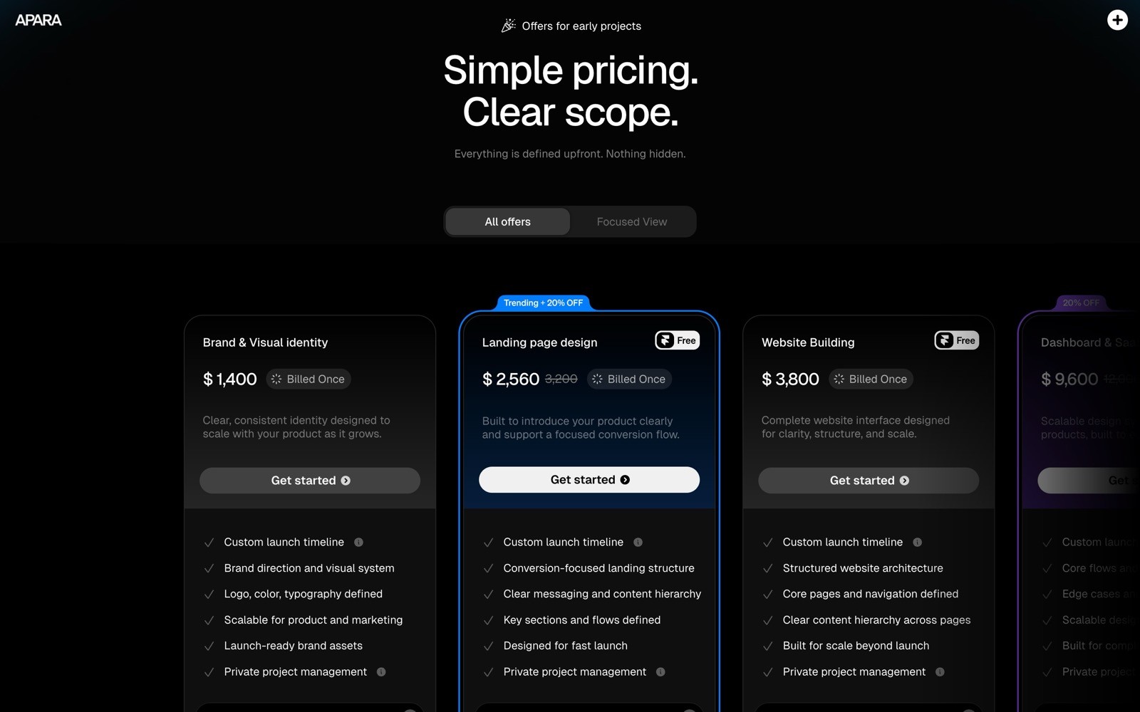 A dark themed pricing page showcasing service plans for brand identity, landing page design, and website building.