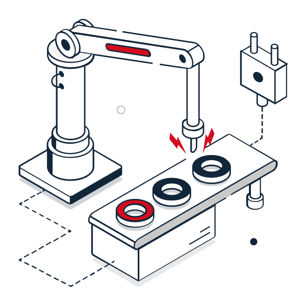 Icon showing welding and fabrication machinery assembling metal parts