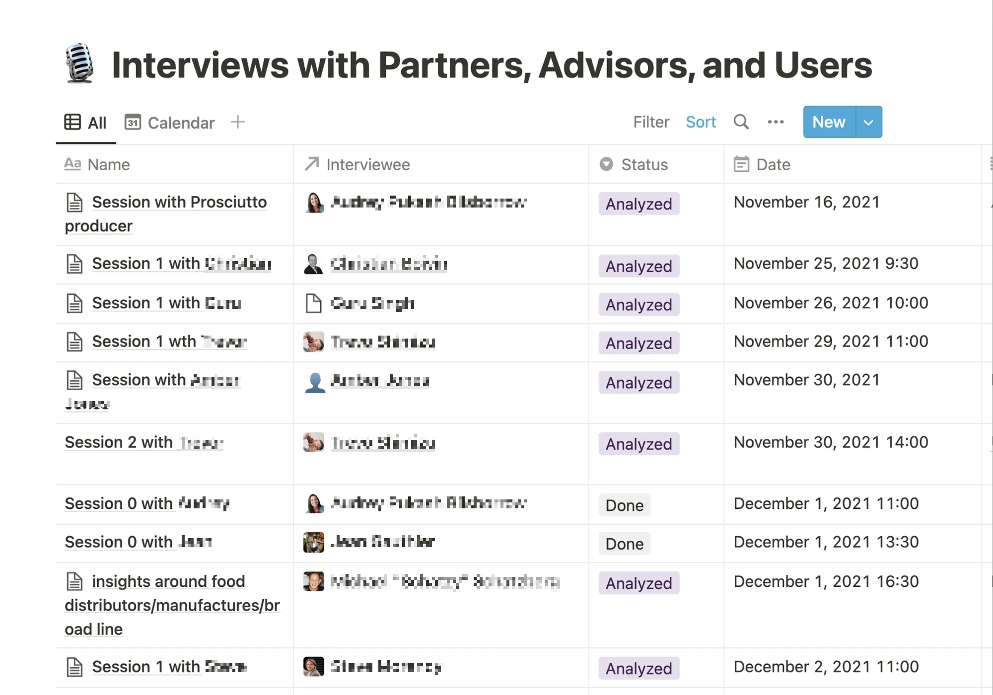 Notion table showing completed interview sessions with partners, advisors, and users, most marked as analyzed