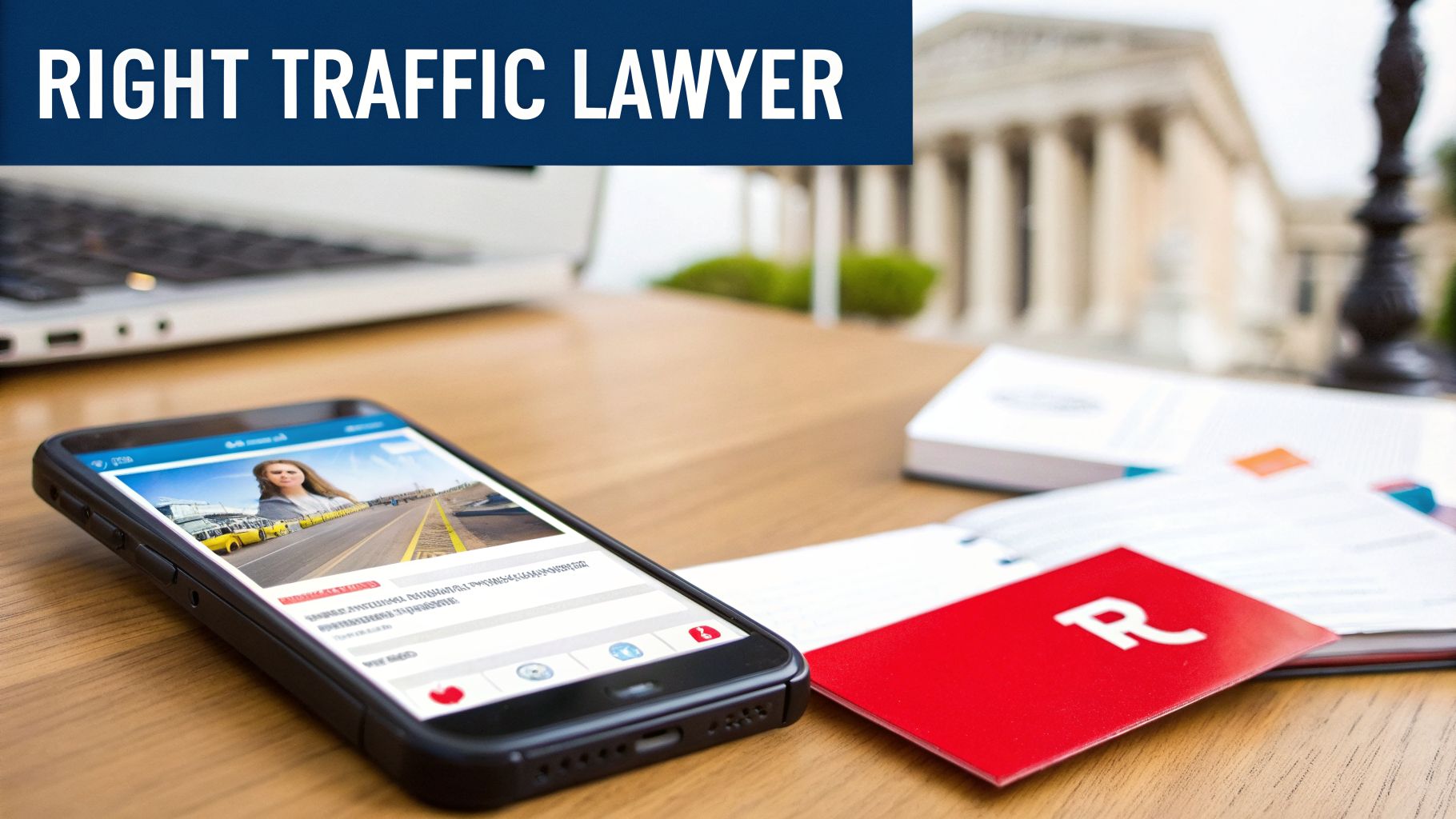 A desk with a laptop, smartphone displaying a road and woman, books, and a 'RIGHT TRAFFIC LAWYER' banner.