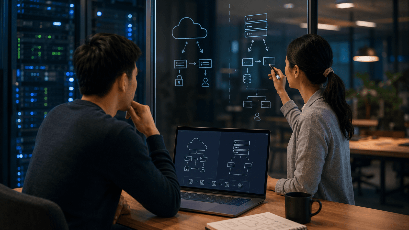 Two coworkers analyzing AI workflow dashboards on a large screen and laptop in a modern office, highlighting model comparison, performance metrics, and technical evaluation data.