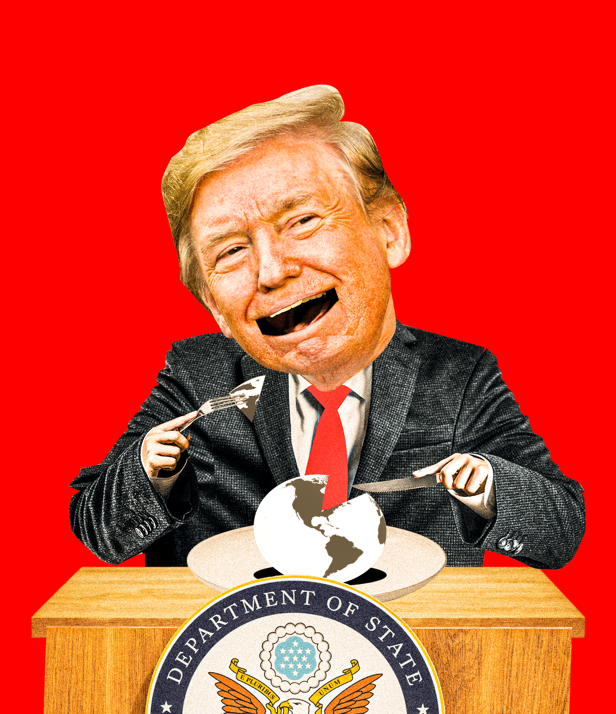 Political editorial illustration featuring satirical commentary on Trump administration policies