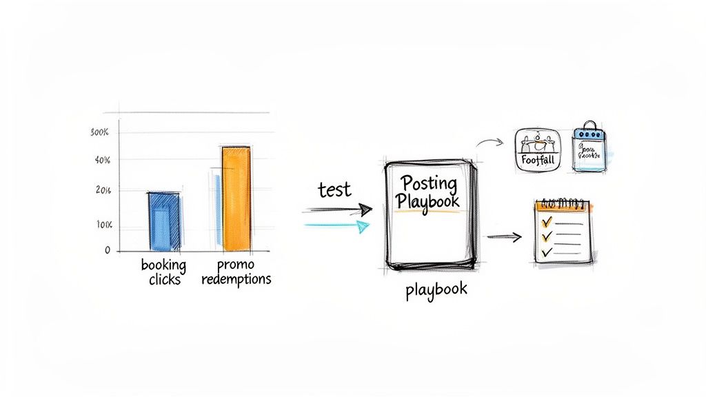 Diagram showing a bar chart of booking clicks and promo redemptions, testing a 'Posting Playbook' to increase footfall and bookings.