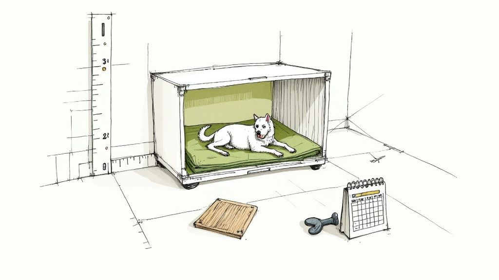 A happy dog sitting inside an open travel crate, ready for a journey.