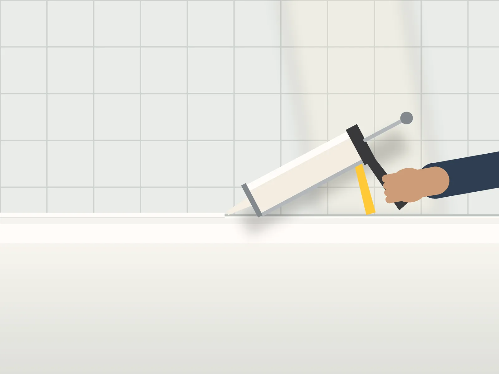 Caulk gun running a fresh bead of caulk along a bathtub edge
