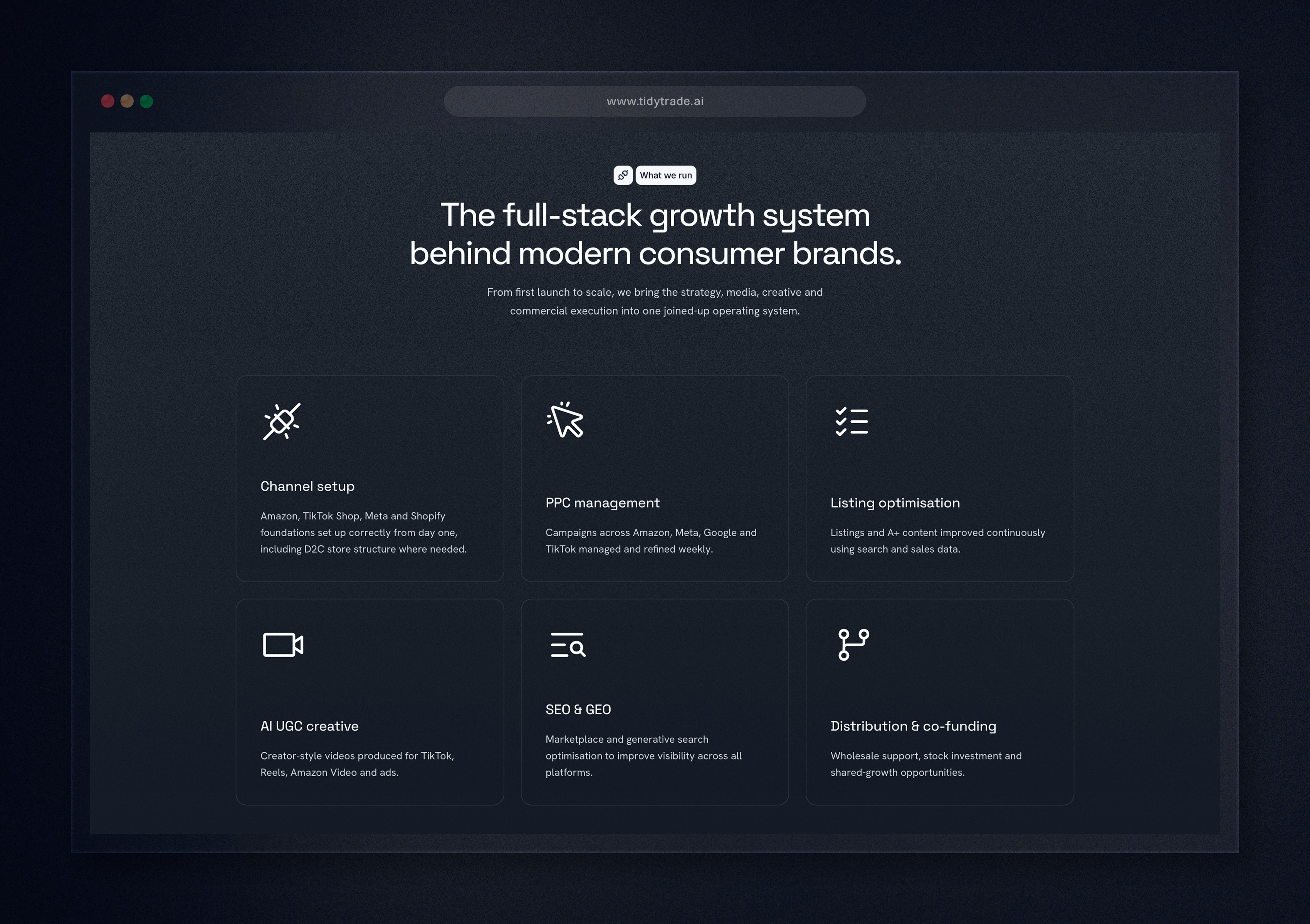 tidytrade services page showing the full-stack growth system behind modern consumer brands