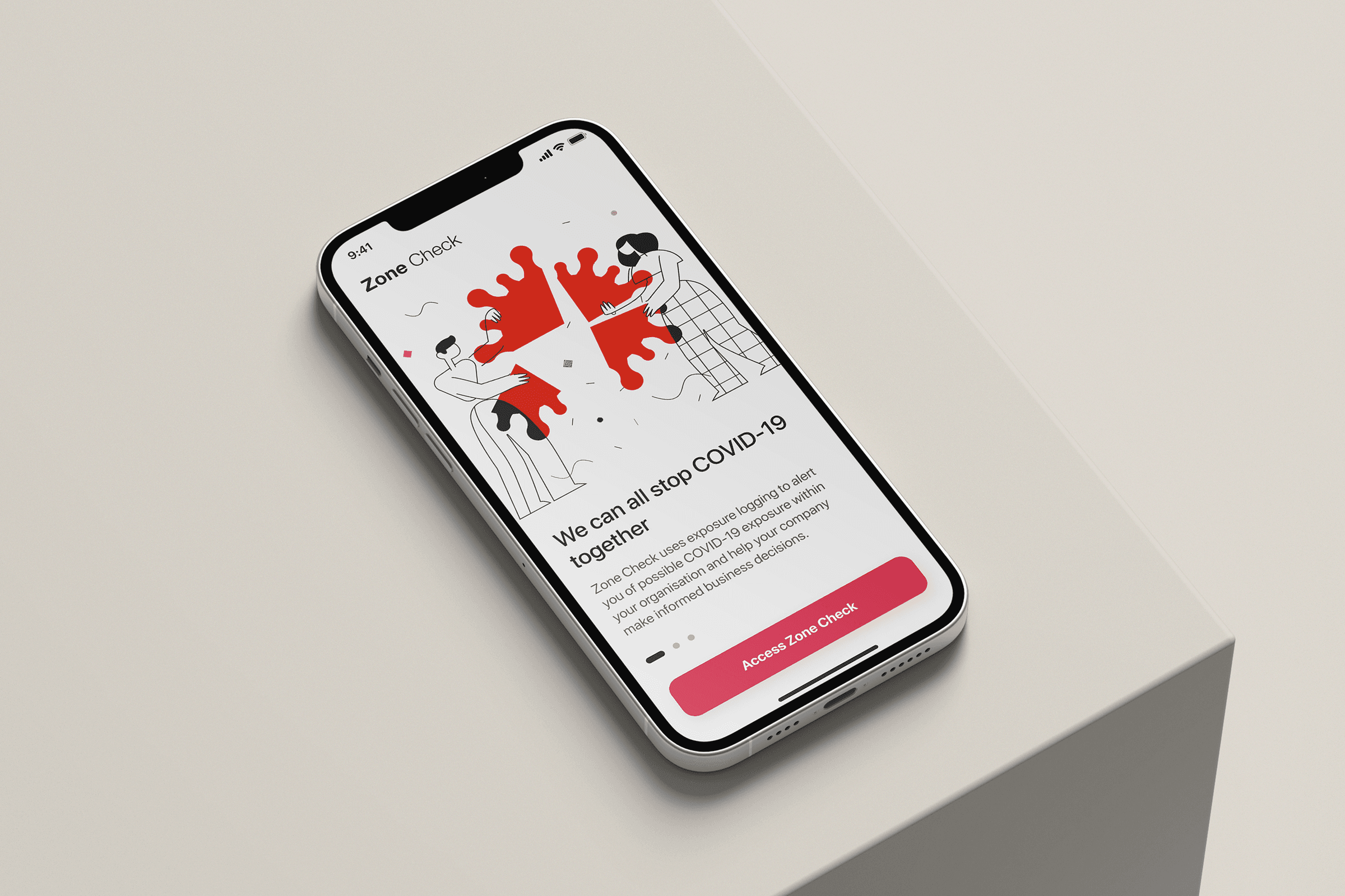 Smartphone displaying PWC Zone Check app onboarding screen with illustration of people and red virus particles, text "We can all stop COVID-19 together"