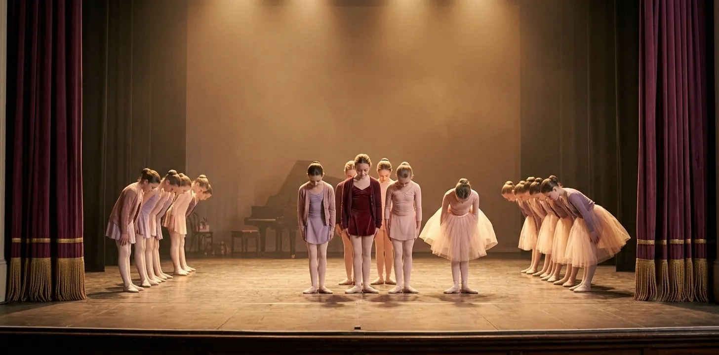 Young dancers taking a bow on stage between red velvet curtains