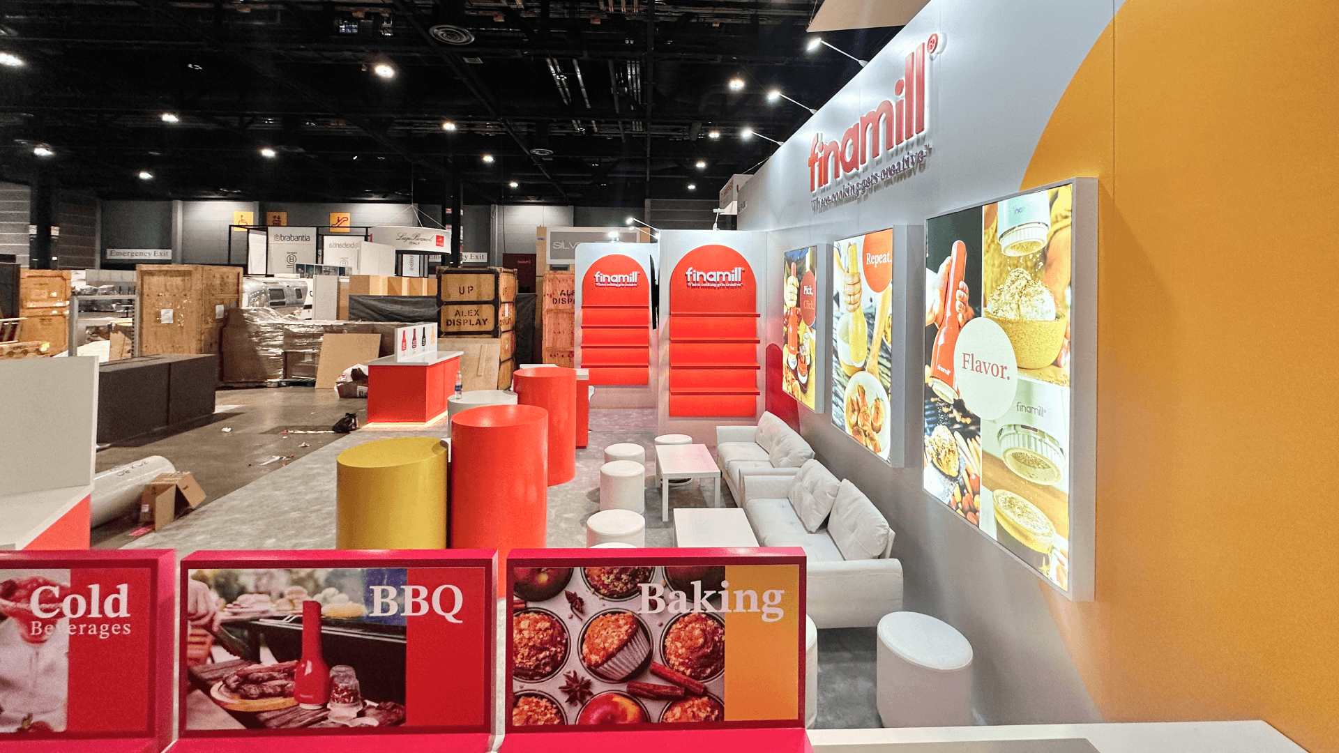 bakery production workflow exhibit booth with machinery layout and operator demo space for industrial baking systems