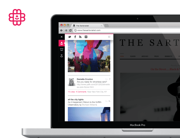 A MacBook Pro laptop displays a web browser window showing a Facebook page titled “Danielle Croxton,” a post titled “All the city lights,” and a comment from “Danielle Croxton.” The browser’s address bar shows “www.thesartorialist.com.” The laptop screen is partially visible, with a black bar at the top and a white area below. A red download icon is present in the top left corner.
