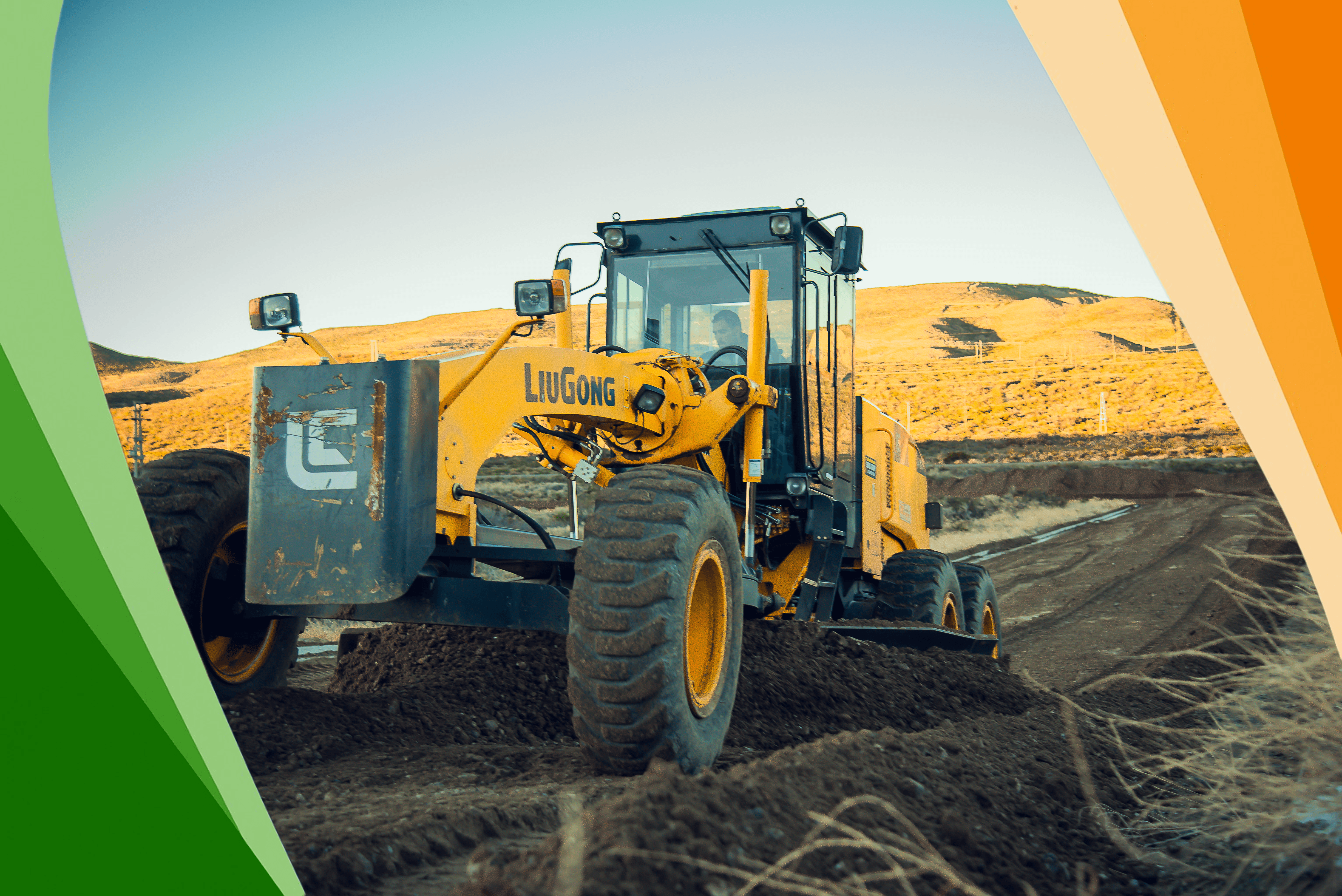 Motoniveladora LiuGong trabajando en obra de movimiento de suelos en zona rural de Chubut, empresa Fidesur desarrollos urbanísticos.