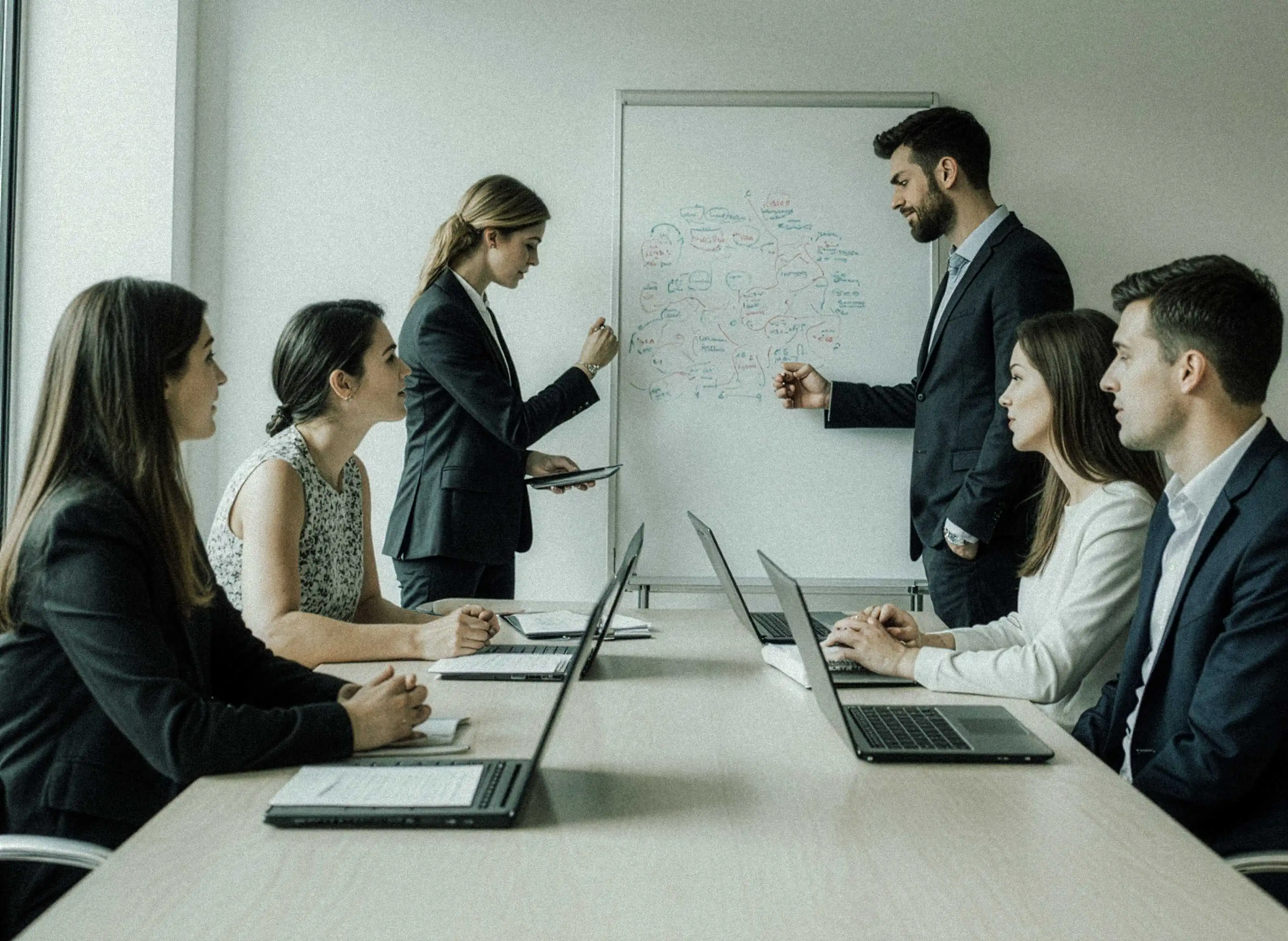 A team of professionals collaborates during a brainstorming session, with one member writing on a whiteboard while others observe attentively.