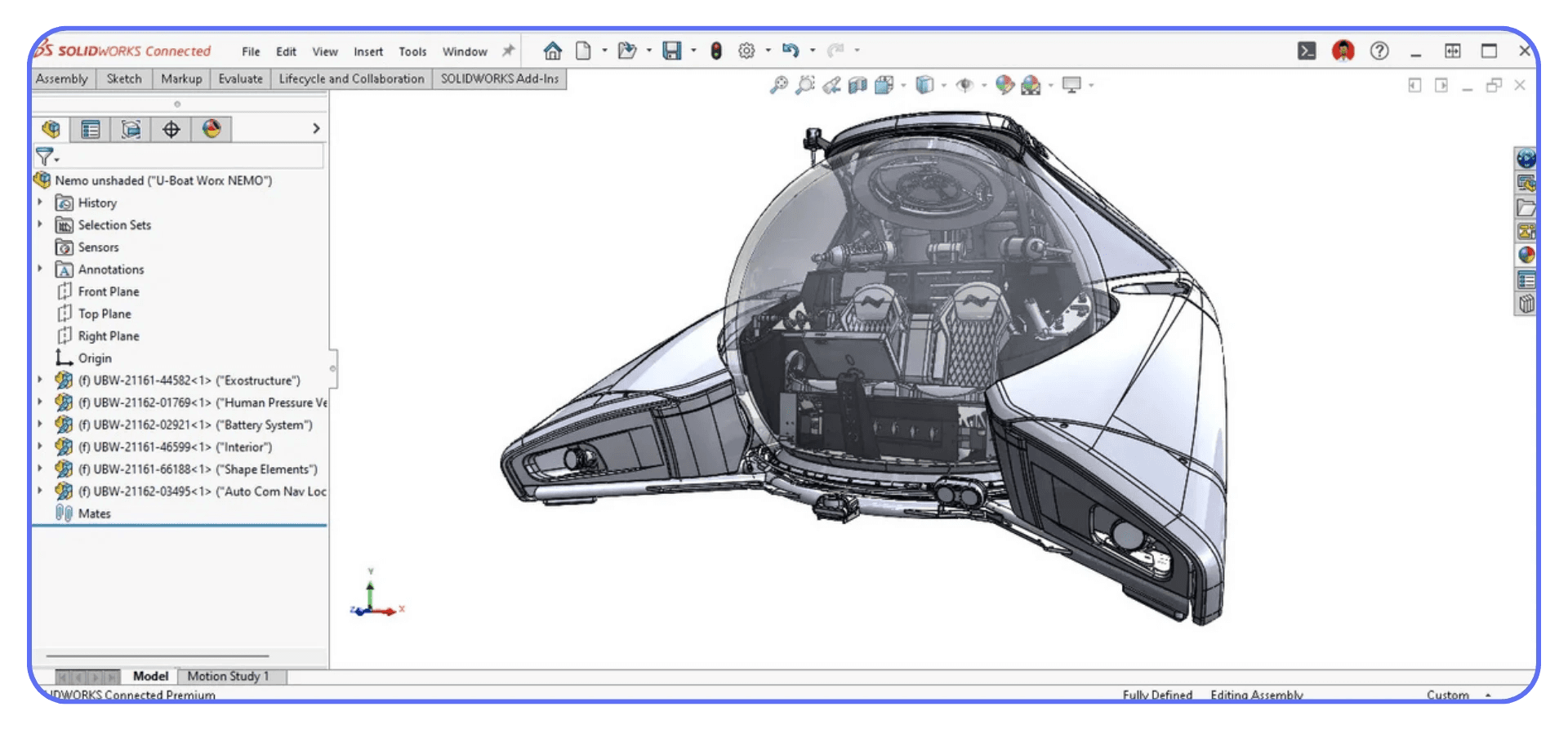 A complex submarine cockpit model rendered in SOLIDWORKS, highlighting detailed interior components and transparent dome design.