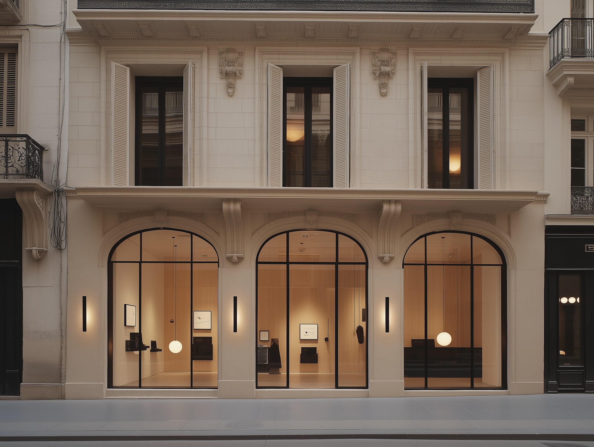 An elegant, cream-colored neoclassical building facade featuring three large arched glass storefronts at street level. The minimalist interior is softly lit by glowing globe pendant lights and black linear wall sconces, showcasing a gallery-like space with curated art and displays. Above the shop, three symmetrical windows with traditional shutters and decorative stone carvings add a historic contrast to the modern, clean-lined retail space below.