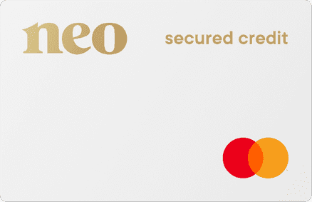 The white Neo Secured Mastercard, a popular low-deposit credit-building card for newcomers to Canada.
