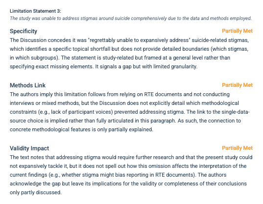 thesify feedback flagging a limitation as partially met due to lack of specificity