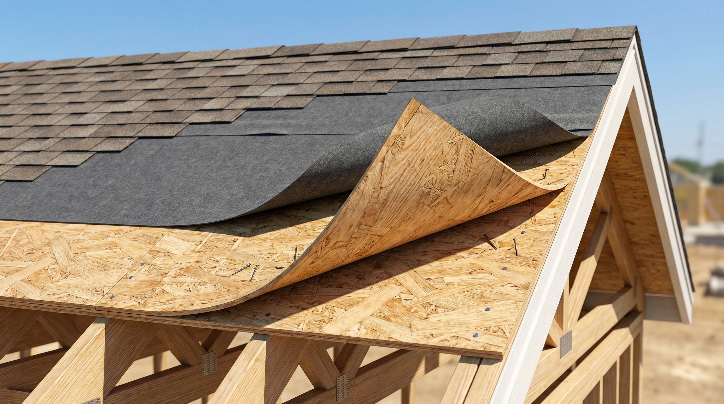 Close-up of a roof under construction. Shows layers of plywood, underlayment, and roofing shingles.