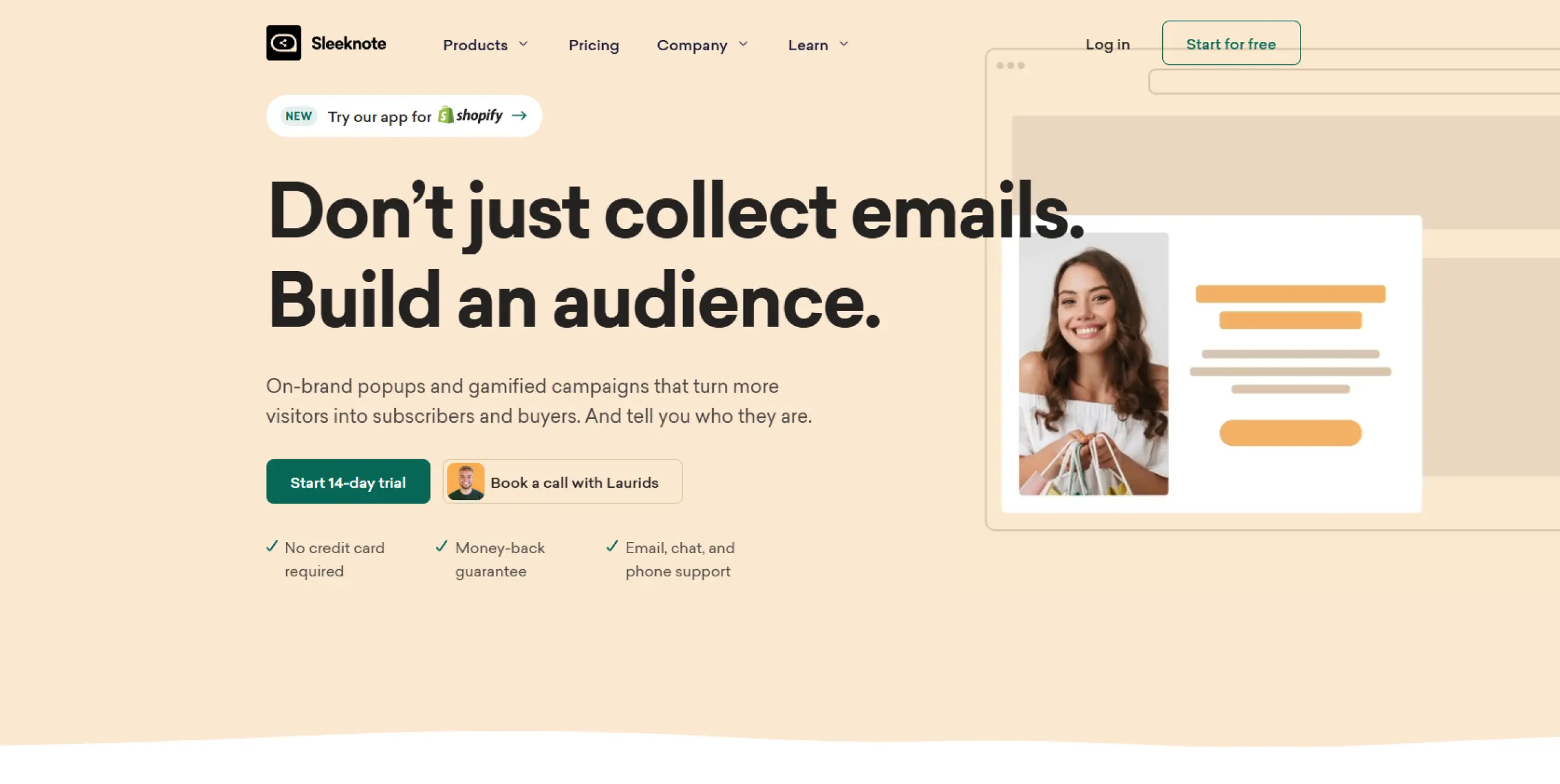 Sleeknote website hero section featuring the headline “Don’t just collect emails. Build an audience”