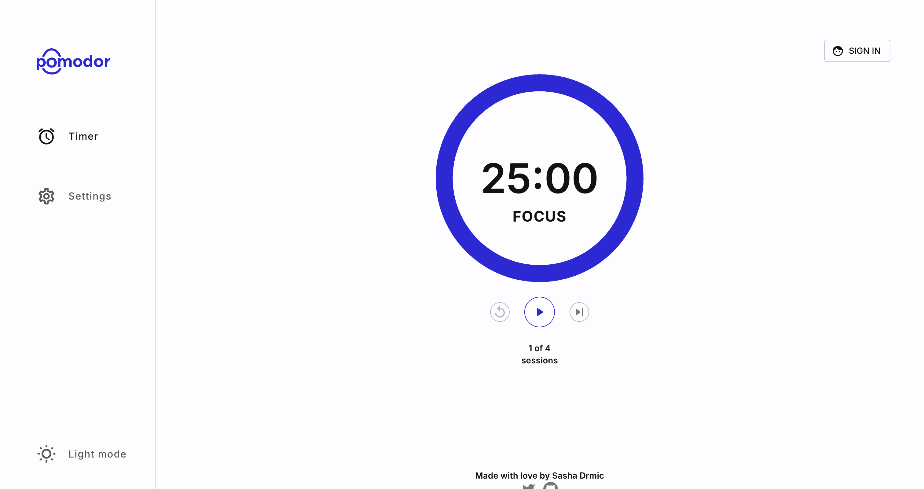 Pomodor timer interface showing a 25-minute focus session.