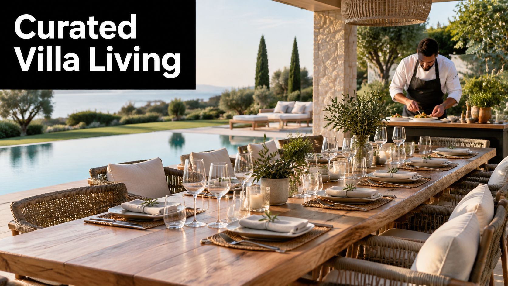 A chef prepares gourmet meals at a long outdoor dining table overlooking a luxury swimming pool villa.
