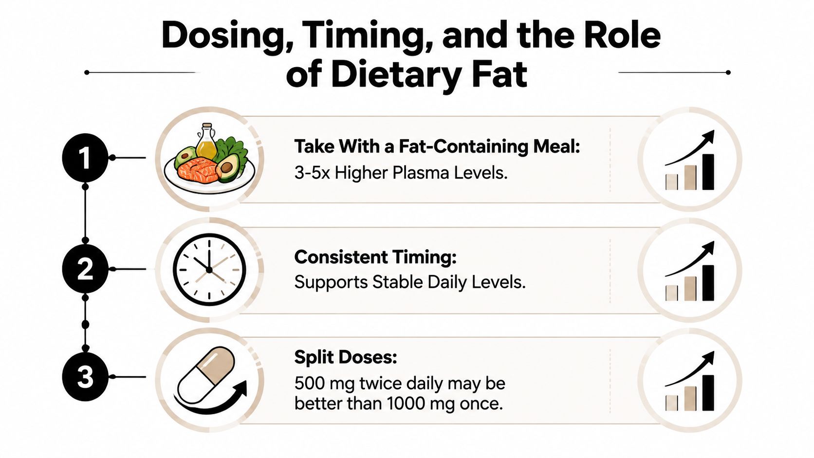 An infographic detailing how to optimize curcumin bioavailability through dietary fat, timing, and split dosing strategies.