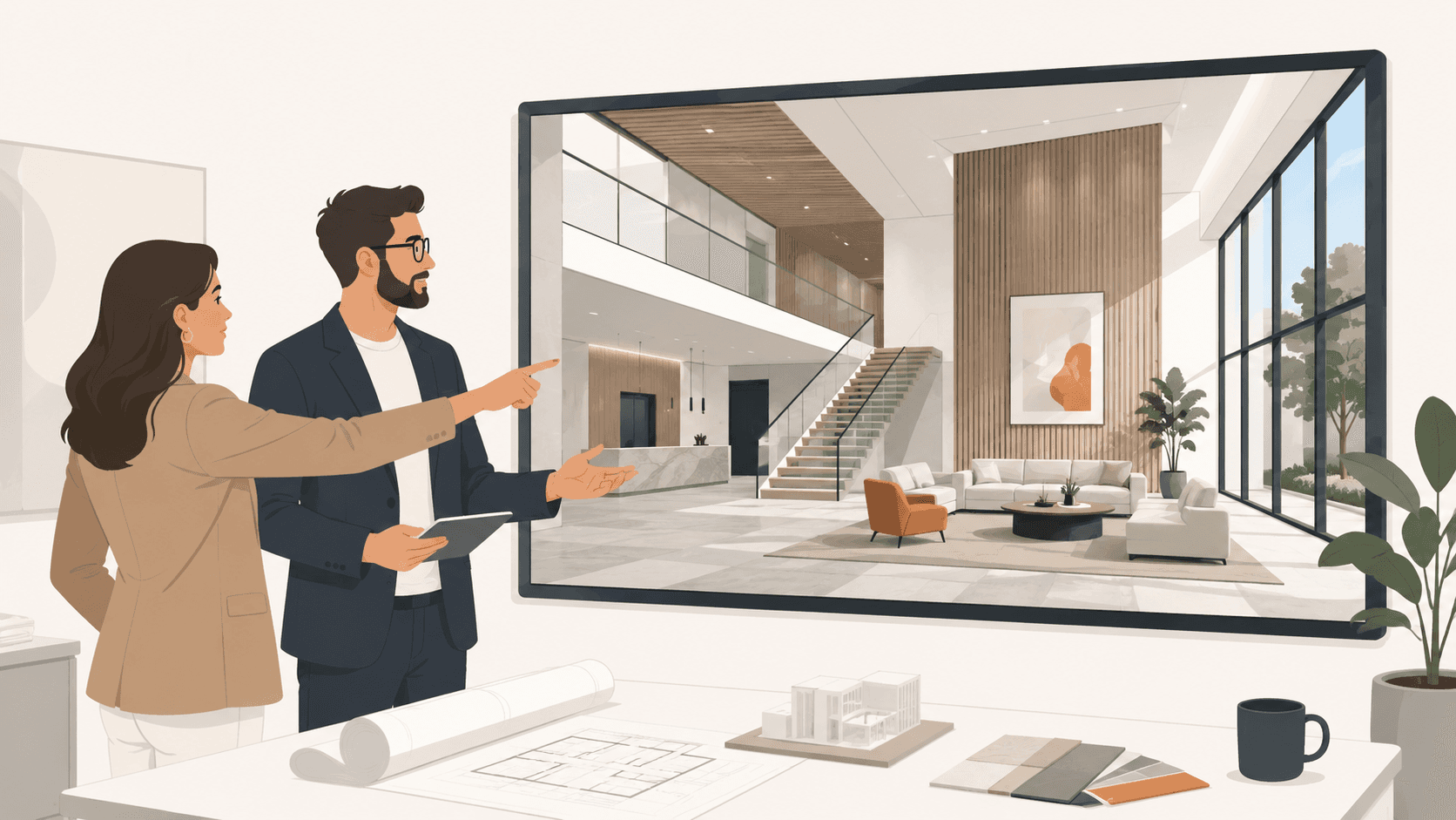 Hand holding a smartphone in a cozy home setting, with the screen showing a crisp interactive 3D walkthrough of a modern apartment interior.