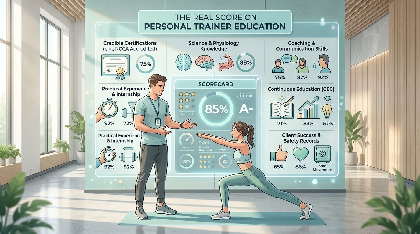 An infographic displays a personal trainer coaching a client while showing metrics for professional fitness education standards.