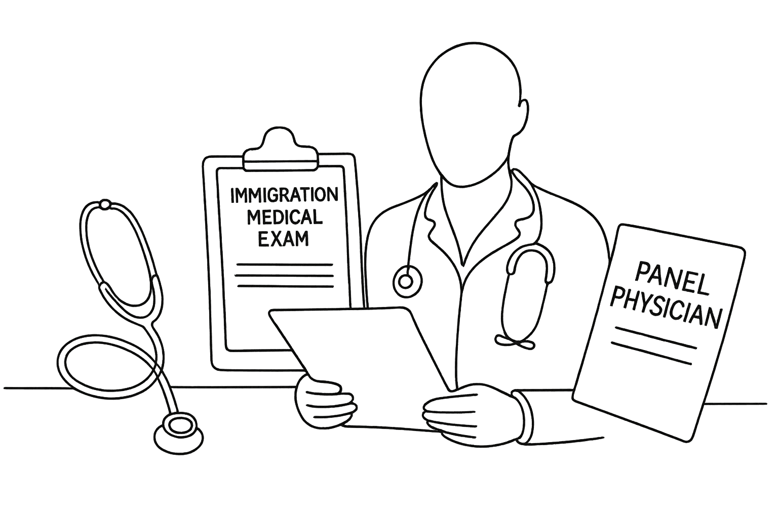 A continuous line illustration showing a panel physician reviewing immigration medical exam documents, representing the refugee immigration medical process in a simplified, gender-neutral style