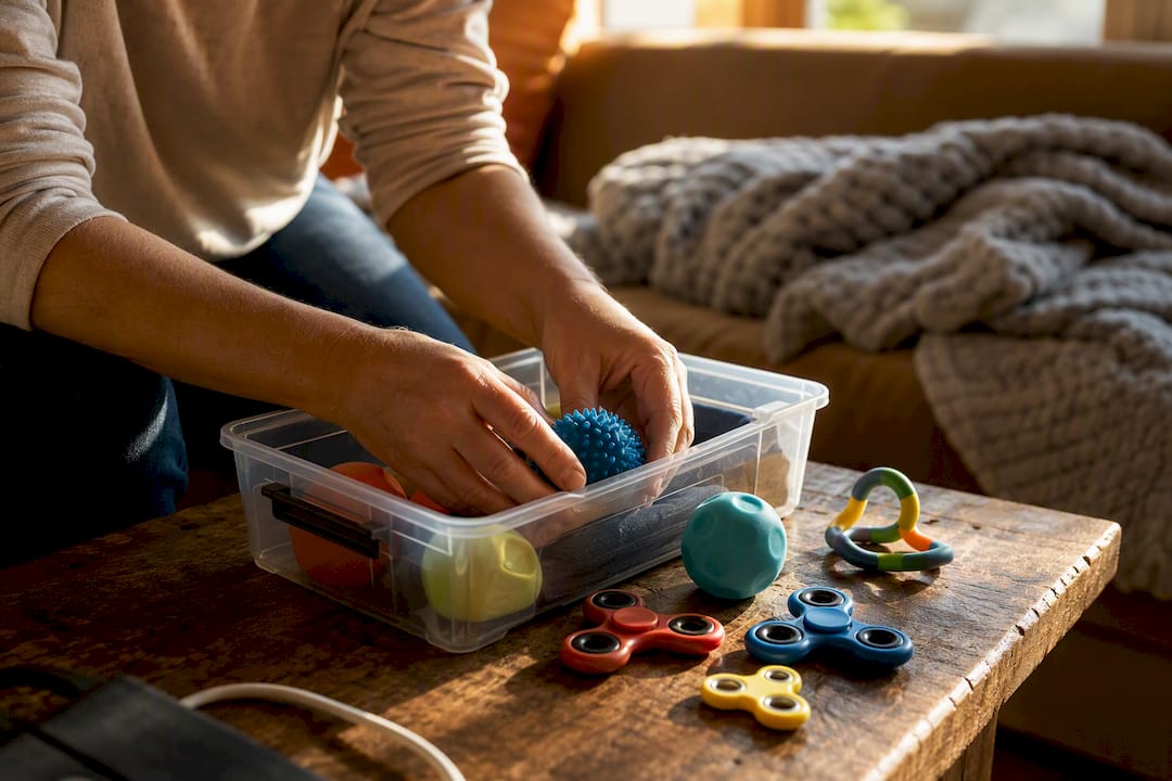 Caregiver arranging sensory tools for autism