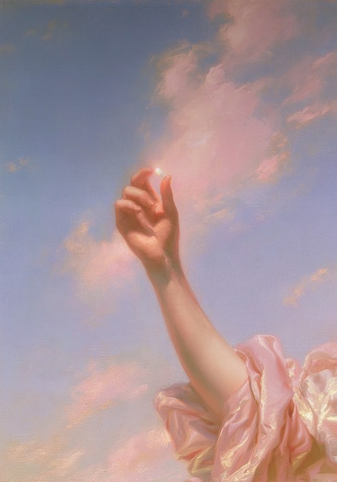 Hand reaching upward against a pink sky