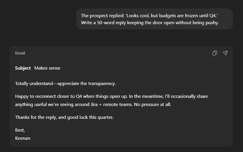 ChatGPT sales objection reply accepting a delay until Q4 without offering immediate value or a clear next step.