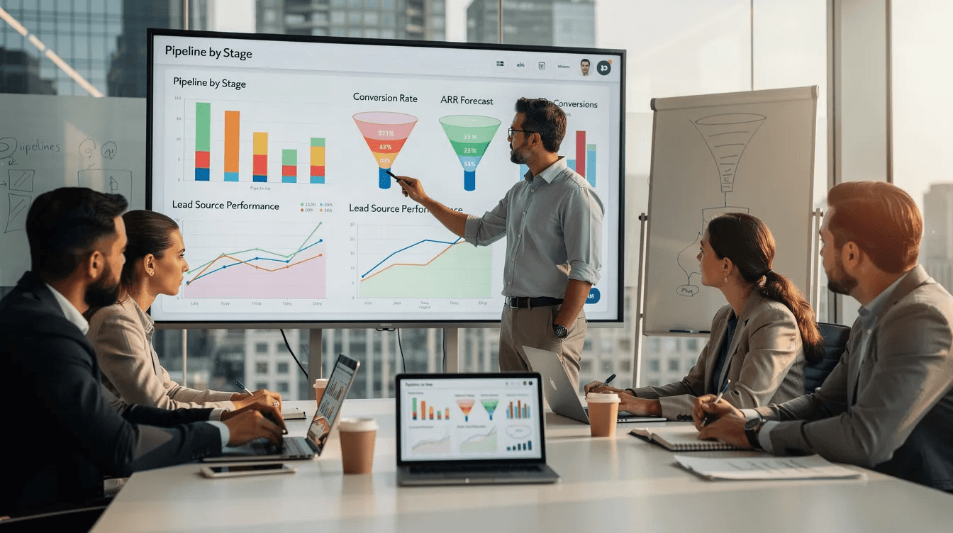 Ein B2B SaaS-Team analysiert die Kennzahlen der Vertriebspipeline auf einem Dashboard. Die Mitglieder des Vertriebsteams betrachten verschiedene Metriken, um die Leadgenerierung und den Erfolg ihrer SaaS-Lösungen zu optimieren.