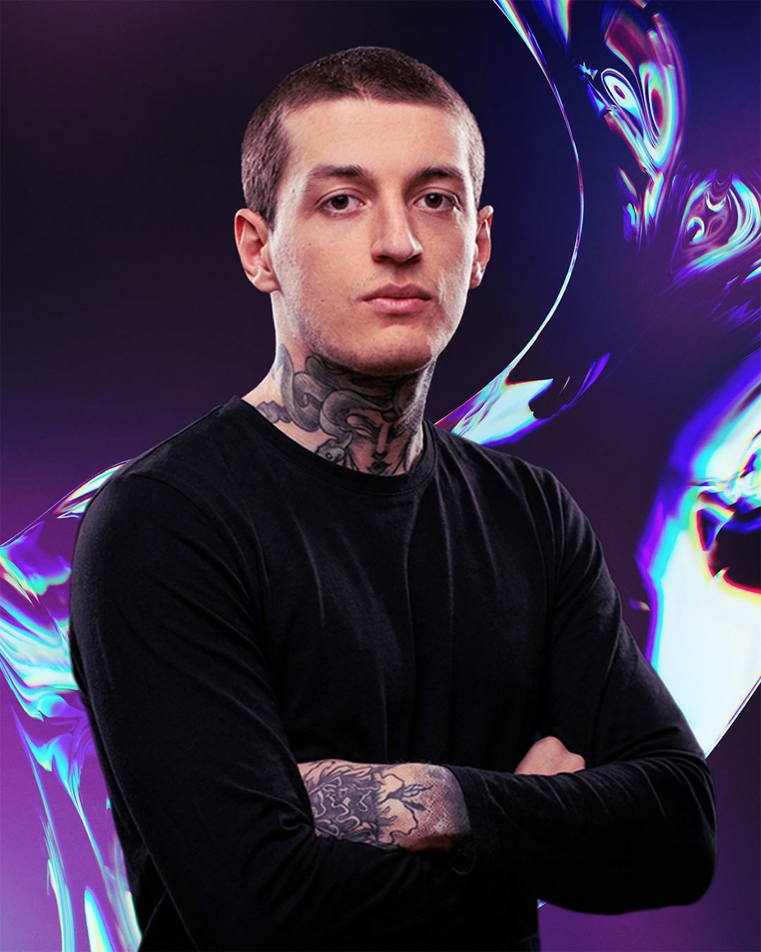 Portrait of a woman with long, smooth hair swept to the side, in a dark t-shirt, on a plain background.