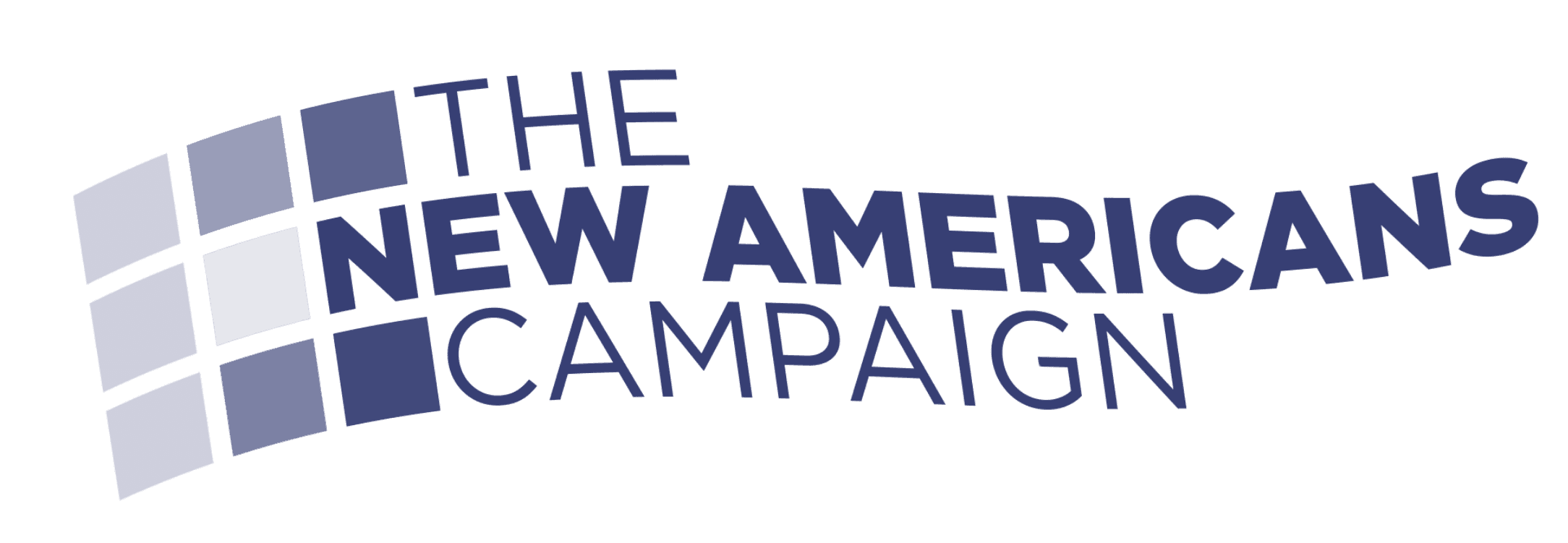 Logotipo da "The New Americans Campaign", apresentando um design estilizado com uma série de quadrados azuis e roxos formando um padrão semibordado à esquerda, acompanhado pelo nome da organização em texto azul-escuro em negrito.