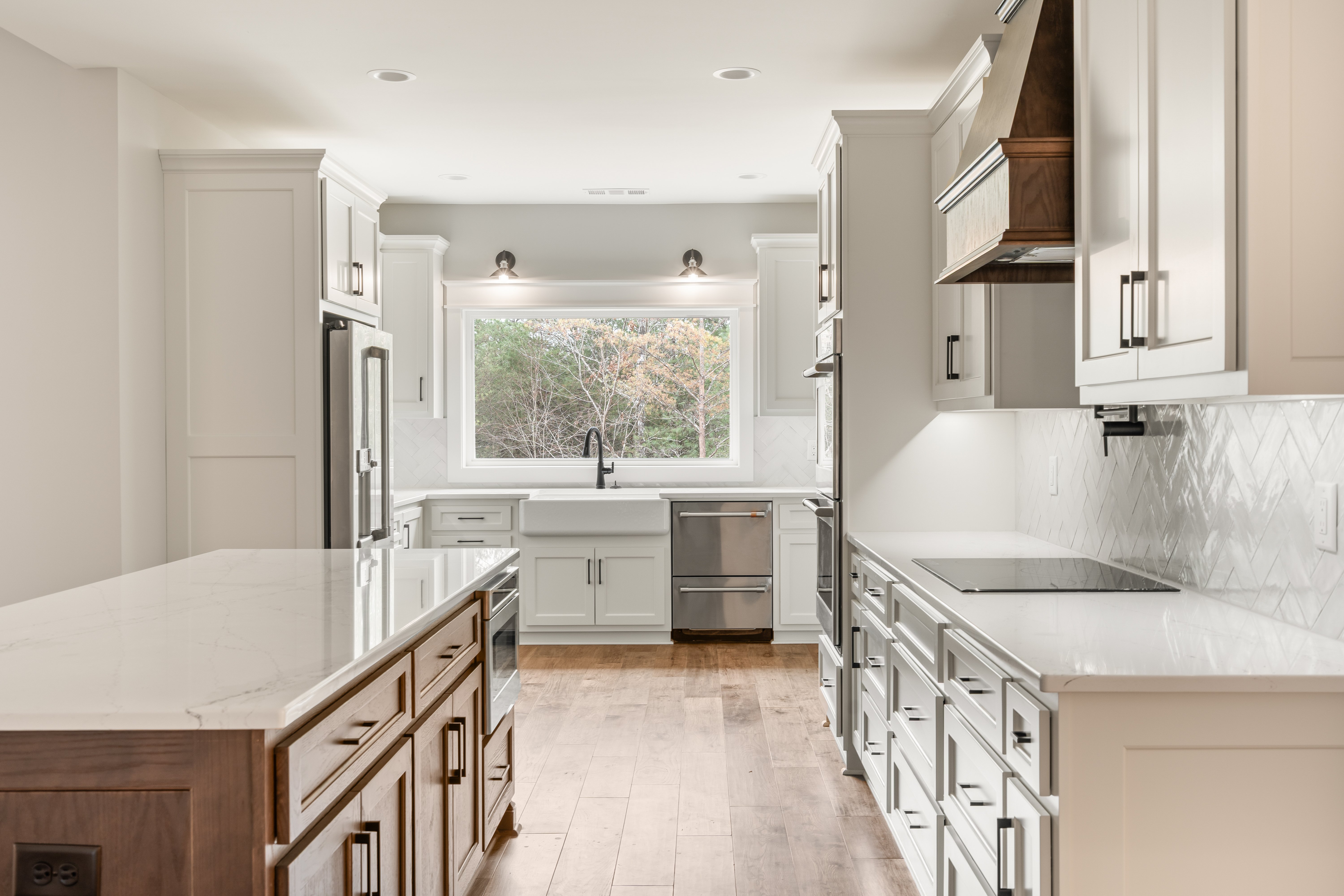 Spacious covered porch with scenic forest view