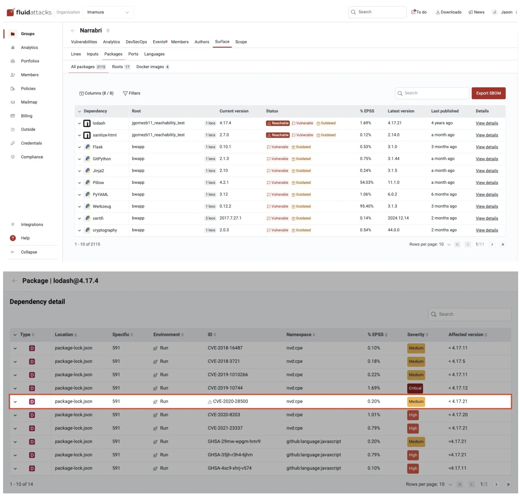 Visão Packages com uma dependência lodash vulnerável marcada como Reachable