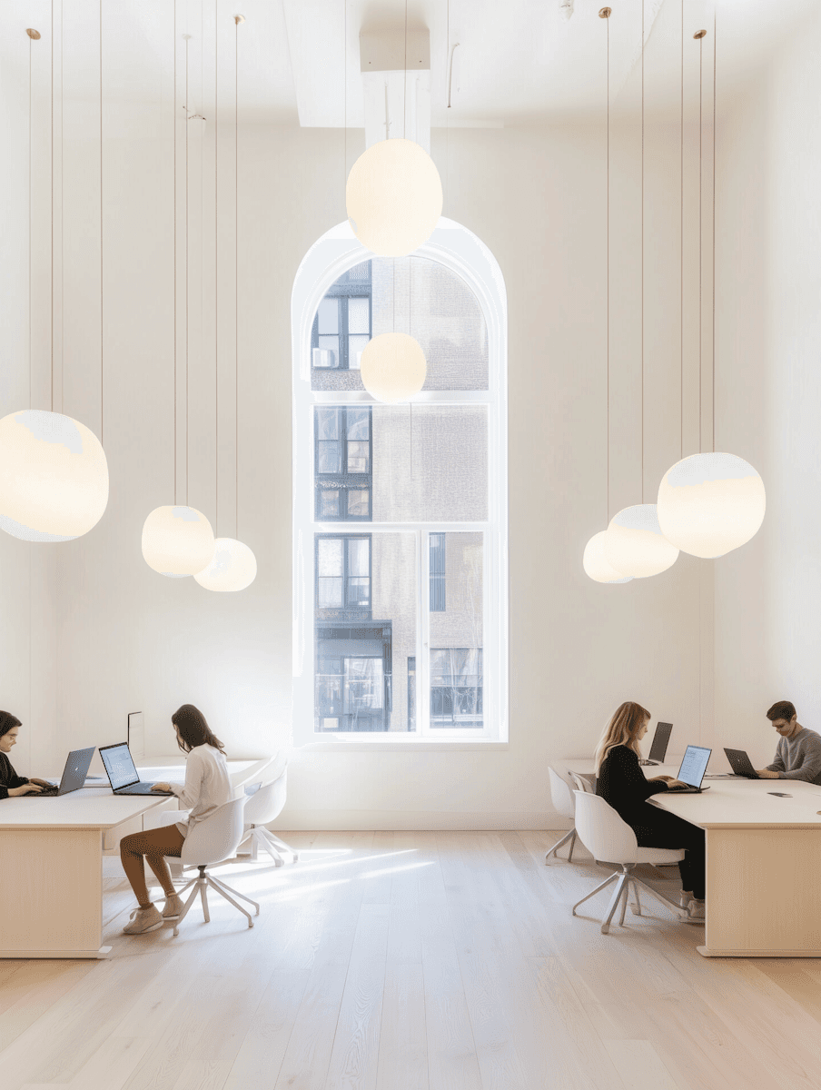 People gathered around a table in a bright office with pendant lighting