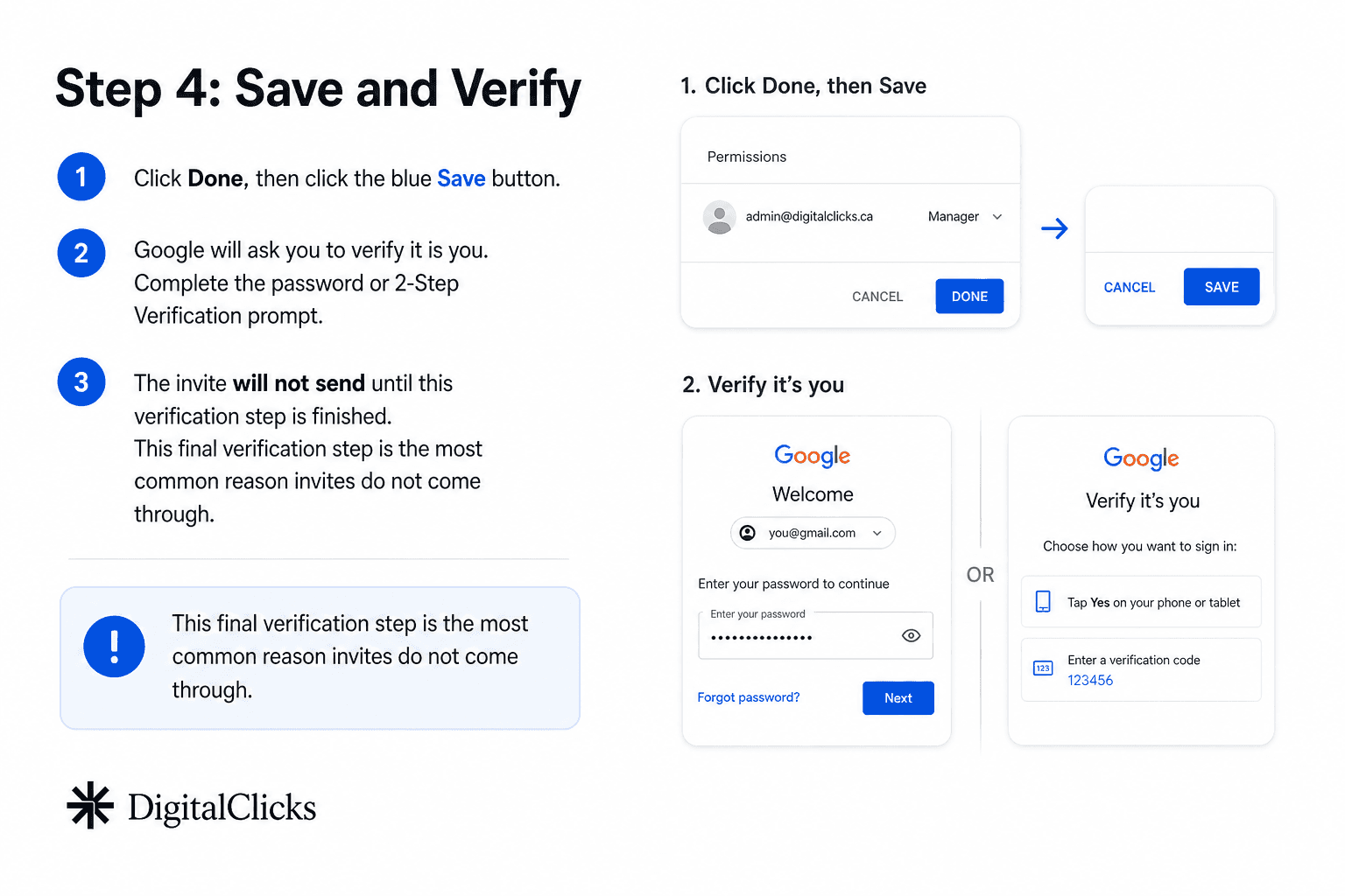 YouTube Studio save and verification step for sending the Digital Clicks invite.
