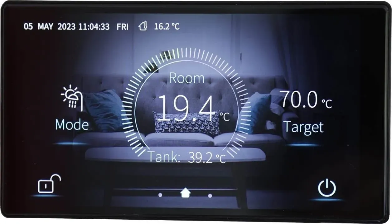 Heat pump controller display showing flow temperature and room temperature settings