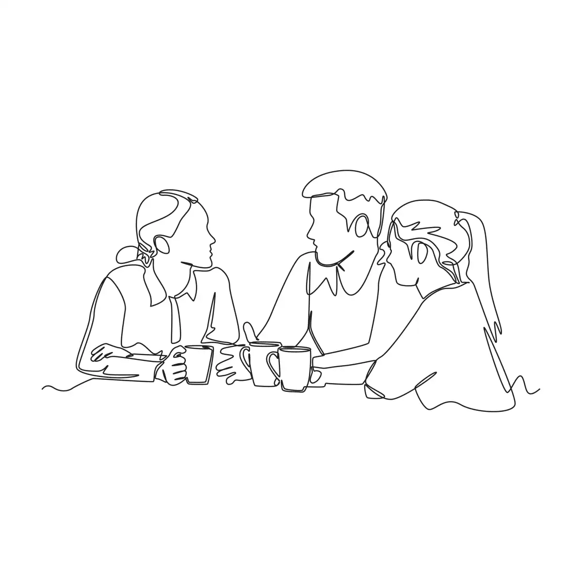 Lineart drawing of four people meeting together over coffee