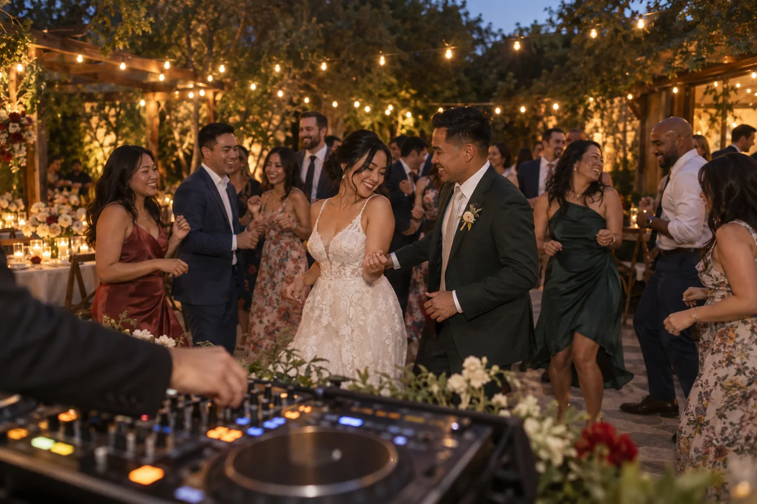 Wedding DJ guide illustration with a couple dancing under string lights and a mixer in the foreground.