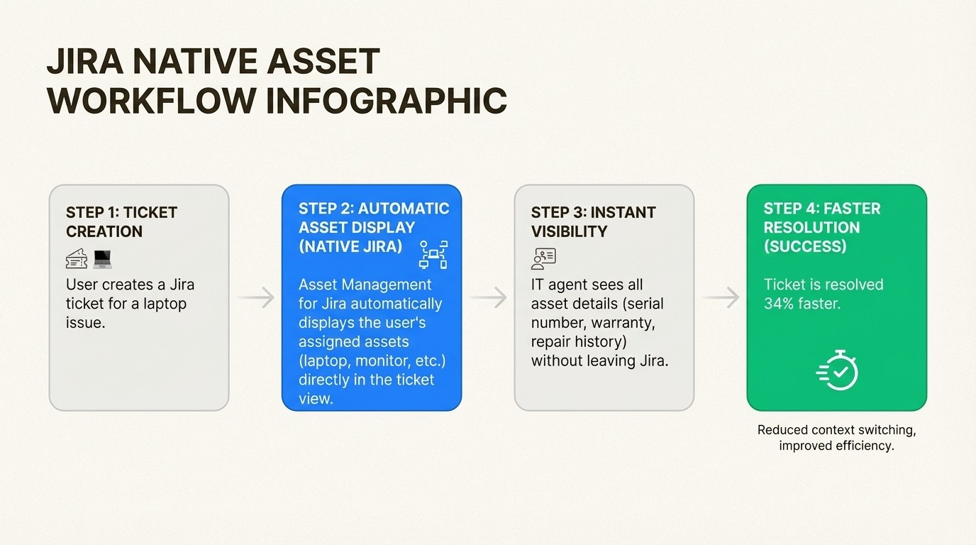 A workflow diagram illustrating the streamlined process of using a native Jira tool, relevant to the Reftab vs Asset Panda discussion.